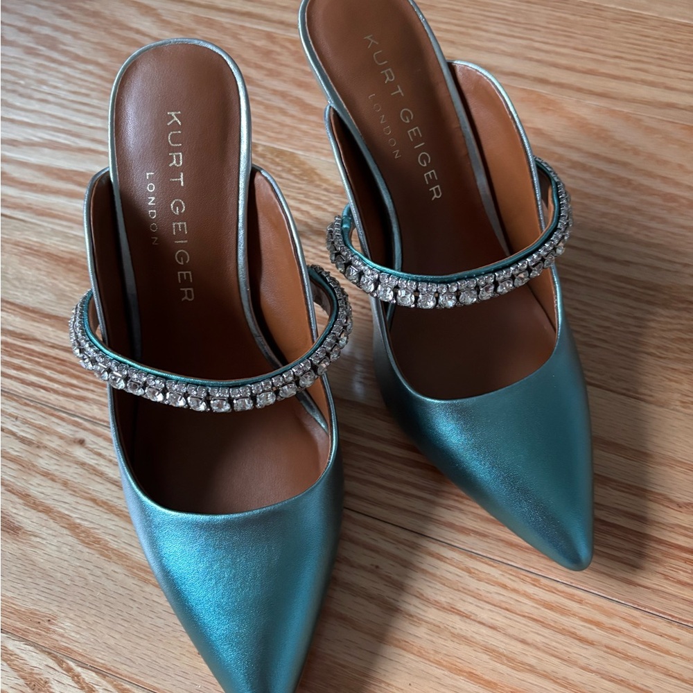 Kurt Geiger Metallic Blue Heels with Rhinestone Straps